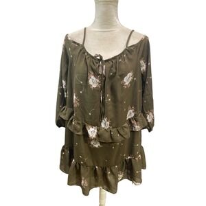 Glamorous Dark Green Beige Floral Dress‎ Size 12 Tiered Lined Off Shoulder